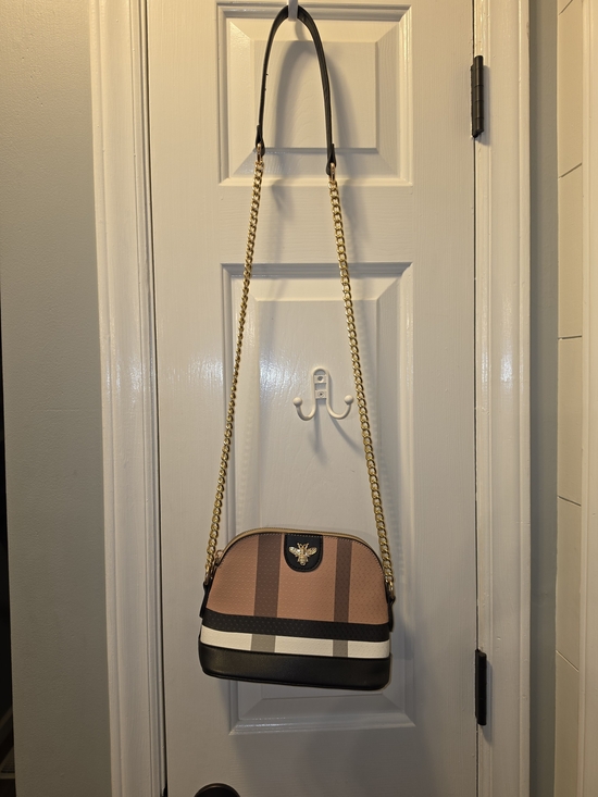 Handbags - Bee-Emblem Tan and Black Crossbody Bag